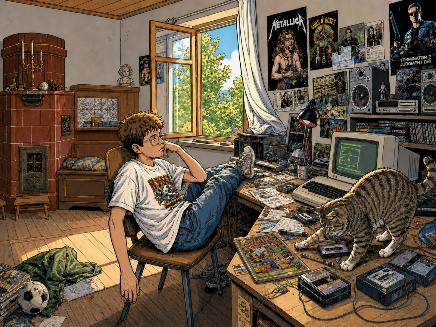 Gunnar sitzt in seinem Zimmer zwischen Comics, Kassetten und Schreibtisch, während ein langweiliger Sommer beginnt.