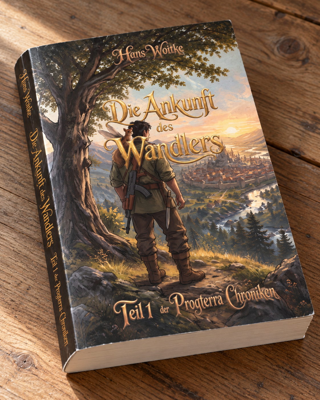 Buchmockup von Die Ankunft des Wandlers von Hans Woitke auf einer Holzoberfläche